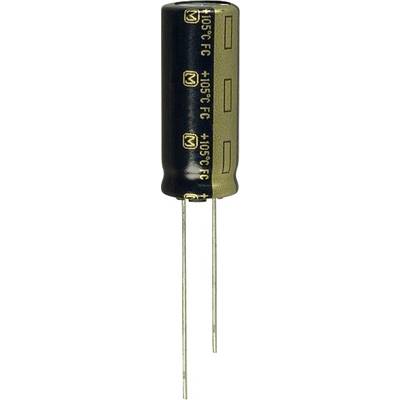 Een zwarte, cilindrische elektrolytcondensator met twee lange aansluitdraden onderaan.