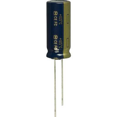 'Blauwe radiale elektrolytische condensator met twee aansluitingen, opschrift: +105°C CE FC. Capaciteit en spanningswaarden niet zichtbaar.'