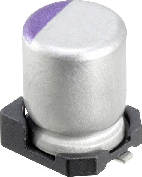 Een cilindrische aluminium-elektrolytcondensator met een blauwe markeerstreep aan de bovenkant en een zwarte voet.