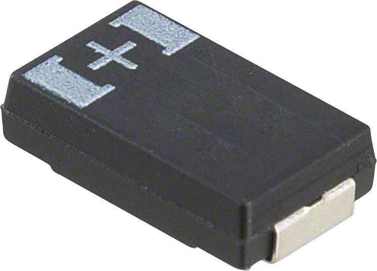 Een zwart elektronisch onderdeel met een plusteken aan de bovenkant, waarschijnlijk een diode of condensator, op een witte achtergrond.