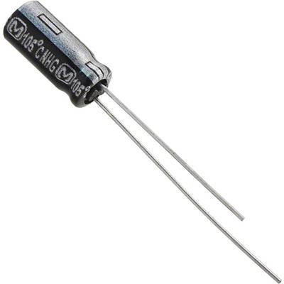 Een elektrolytische condensator met twee lange draadaansluitingen, die wordt gebruikt in elektronische schakelingen.