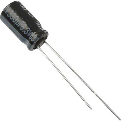 Elektrolytische condensator met een zwart cilindrisch behuizing en twee metalen aansluitdraden die aan één zijde uitsteken.