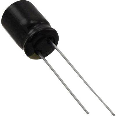 Een zwarte, cilindrische elektrolytcondensator met twee lange metalen poten voor aansluiting in elektronische schakelingen.