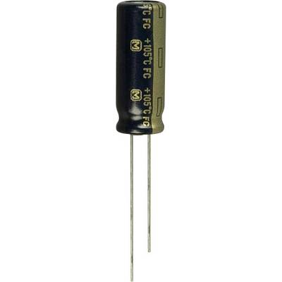 Een elektrolytische condensator met een zwarte behuizing, gouden opdrukken en twee lange, dunne draadaansluitingen.
