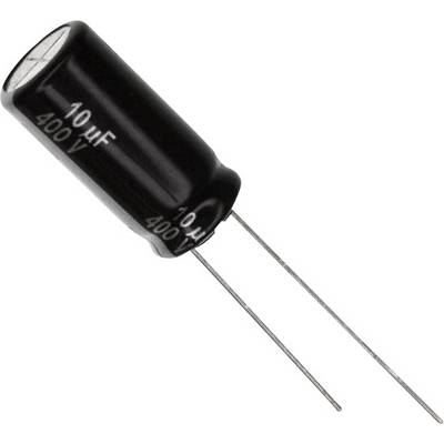 Een zwarte cilindrische condensator met de opschriften '10 µF' en '400 V', uitgerust met twee lange metalen aansluitingen.