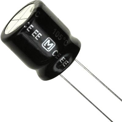 Een zwarte elektrolytische condensator met twee aansluitdraden. Opgedrukte symbolen en getallen duiden de elektrische specificaties aan.