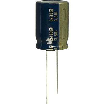 Een blauw-gouden elektrolytische condensator met twee lange aansluitingen toont de opdrukken '105°C' en 'CEFC'.