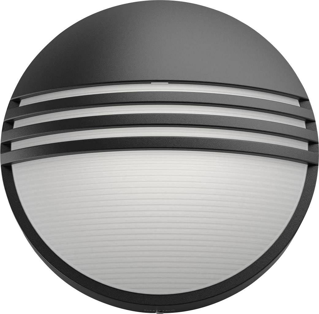 Ronde buitenlamp in zwart en wit, modern en minimalistisch ontworpen, met horizontale strepen voor een gelijkmatige lichtverspreiding.