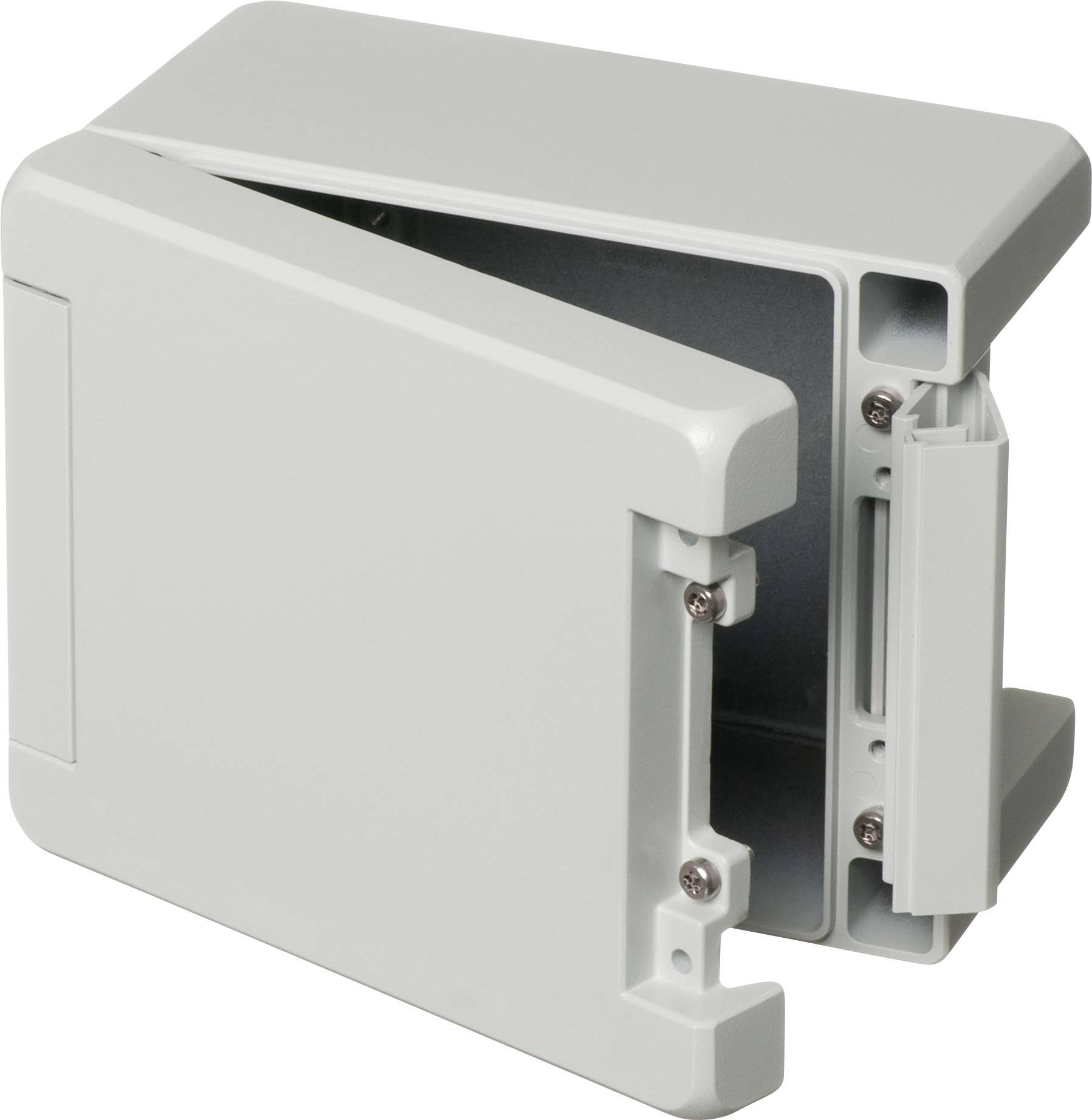 Kunststof behuizing met openende voorklep, geschikt voor het herbergen van elektrische componenten of schakelaars.