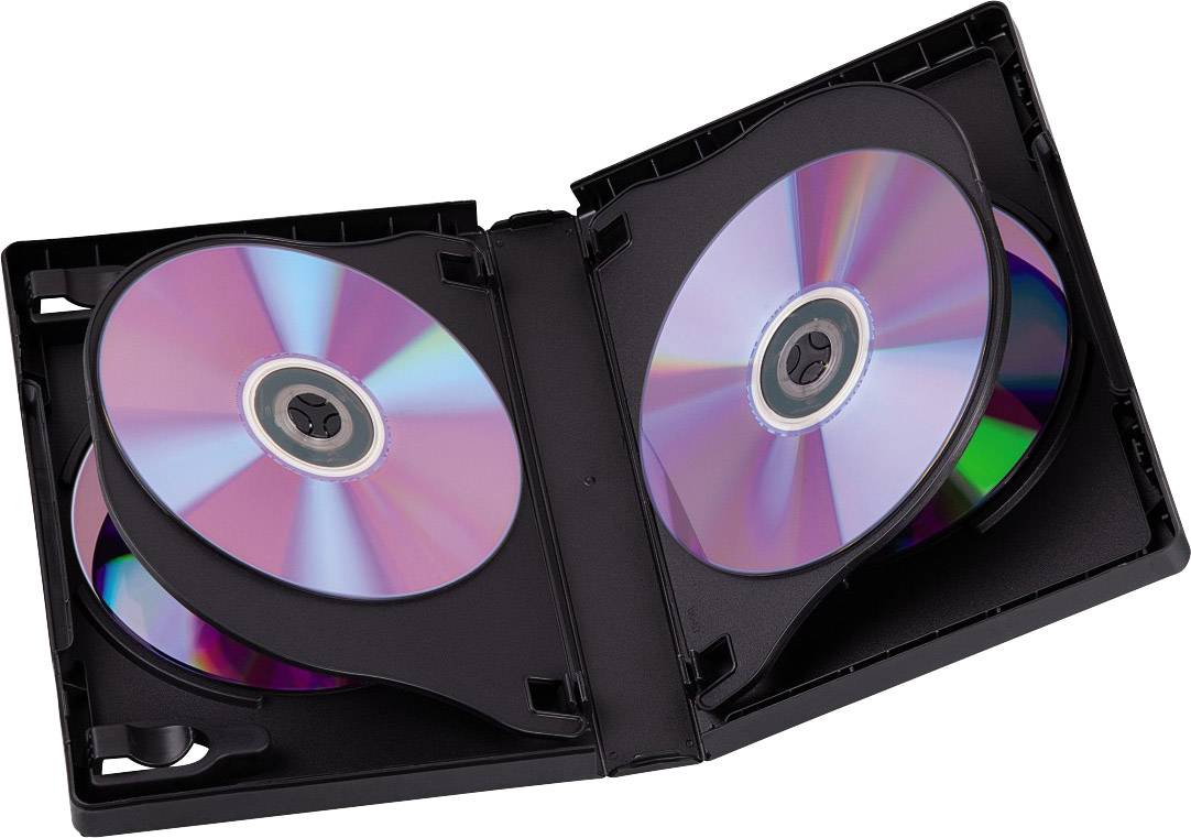 Openstaande dvd-hoes met vier zichtbare schijven die in plastic houders liggen. De schijven weerkaatsen gekleurde lichten.