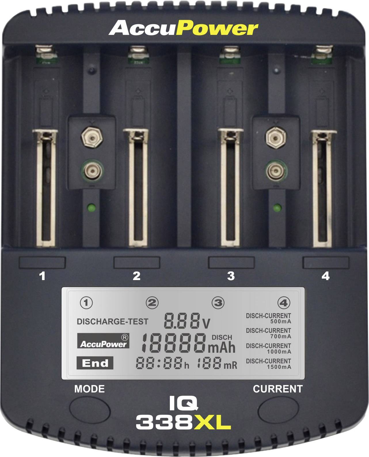 'Batterijlader met vier sleuven, toont laad- en ontlaadstatus. Display met informatie: voltage, capaciteit en stroomsterkte.'