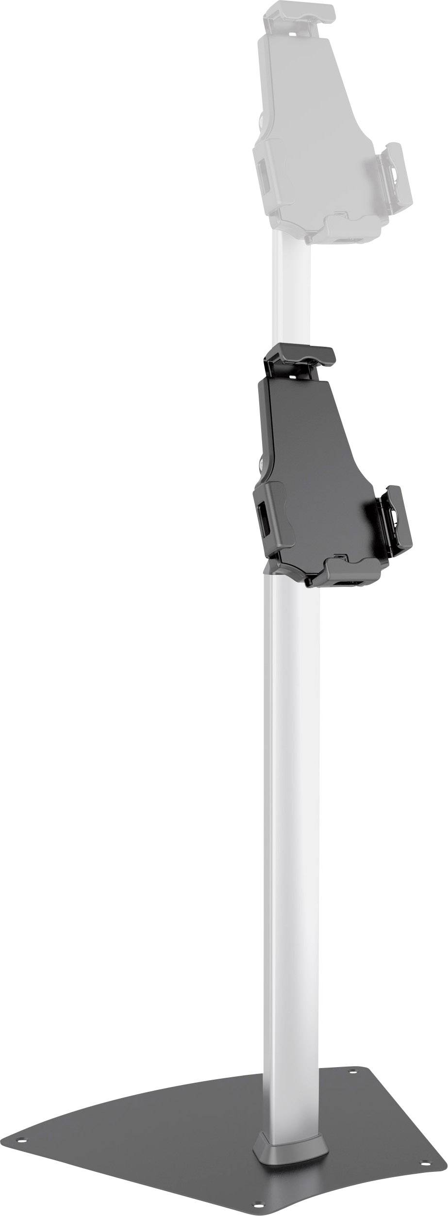 Zwarte bodemontvanger op een grijze voet, bedoeld voor veilige bevestiging van een tablet of apparaat.