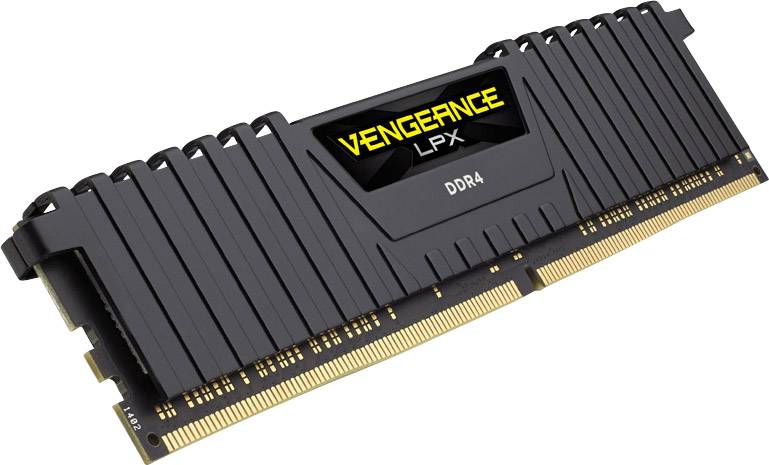 Een zwarte DDR4-RAM-module met een geel 'Vengeance LPX'-logo.