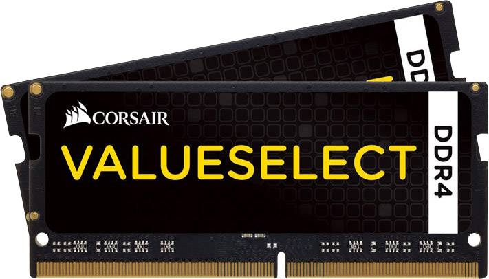 Twee Corsair DDR4-RAM-modules uit de ValueSelect-serie, zwart met gele opdruk, voor computergeheugenupgrades.