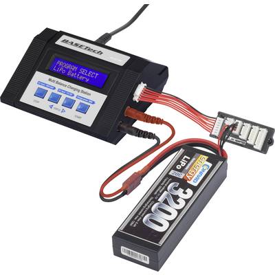 Een oplader voor modelbouw-accu's, verbonden met een LiPo-accu. Het display toont 'Program Select LiPo Battery'.