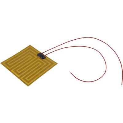Een flexibele verwarmingspad met twee rode draden. De pad heeft een gegraveerd slingerpatroon dat zorgt voor warmteverdeling.