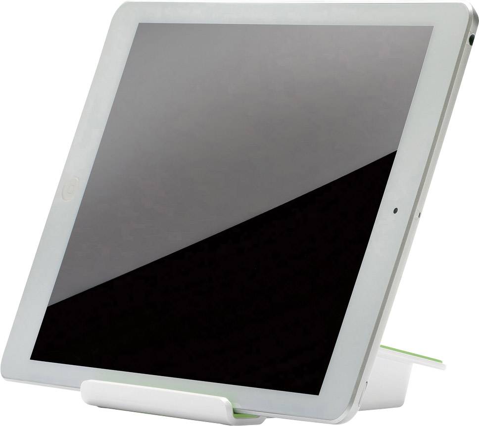 Een tablet staat op een standaard. Het scherm is zwart. De randen zijn zilverkleurig.