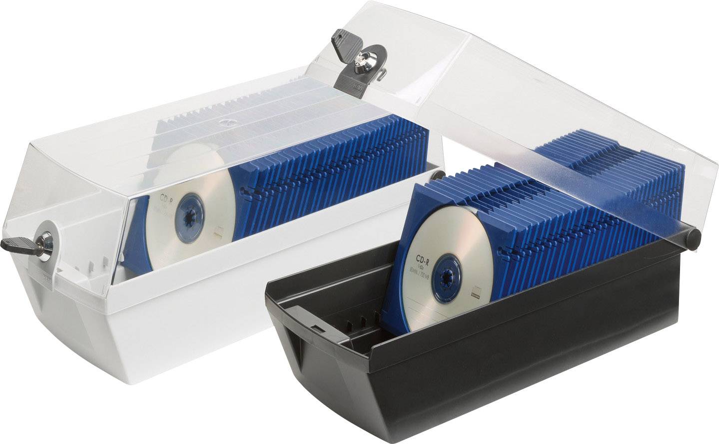 Twee cd-bewaardozen met een transparante deksel, één zwart en één wit, vol met blauwe cd-hoesjes.