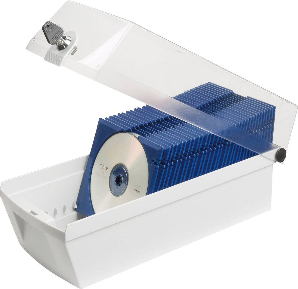 Een open cd-opbergdoos met een transparante deksel toont meerdere cd's die zijn georganiseerd in blauwe inzetstukken.