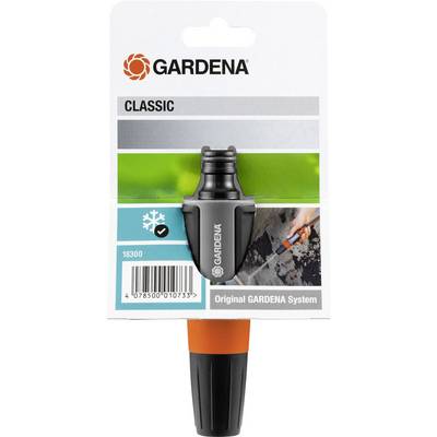 'Gardena' wateraansluiting, onderdeel van het 'Original Gardena Systeem'. Etiket toont afbeelding van de aansluiting en gebruiksaanwijzingen.