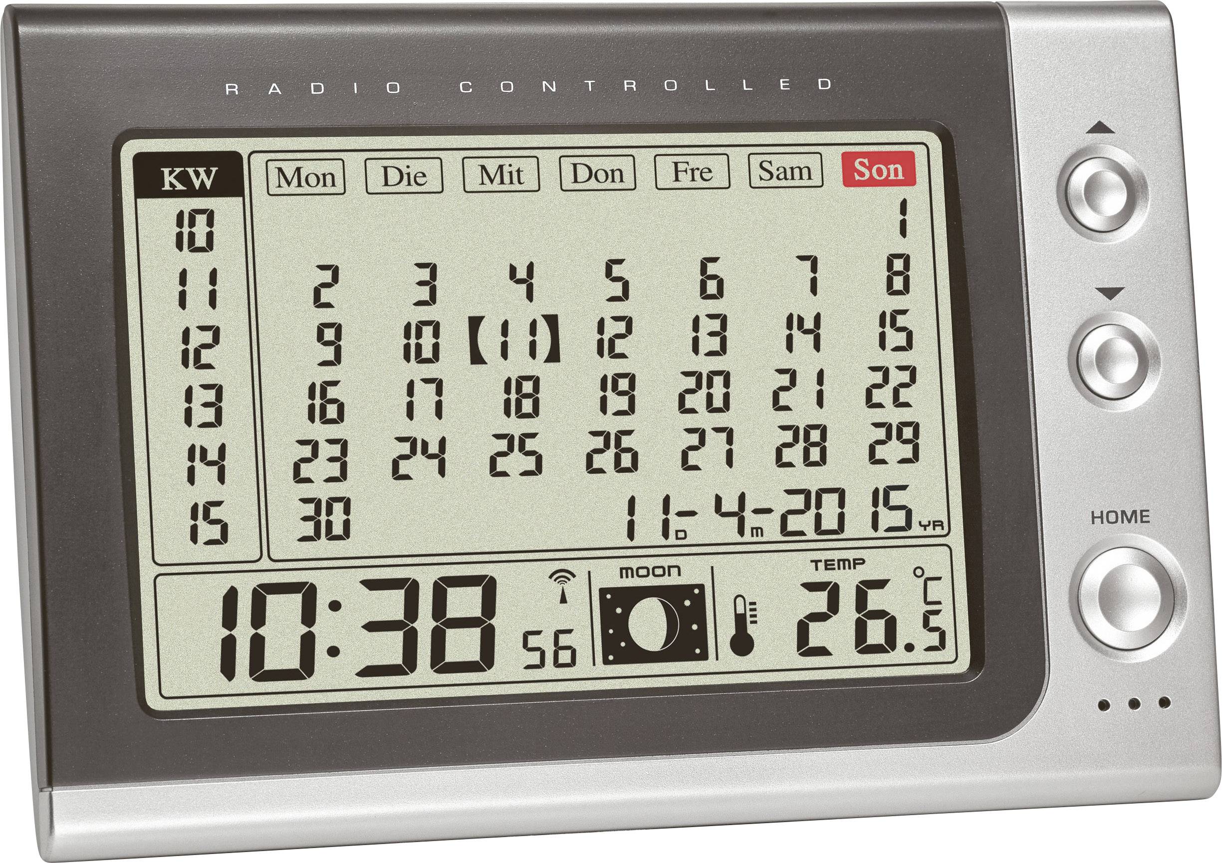 Elektronische kalender toont maand april 2015 met zondag rood gemarkeerd. Tijdstip 10:38, maanfase en temperatuur 26,5°C.