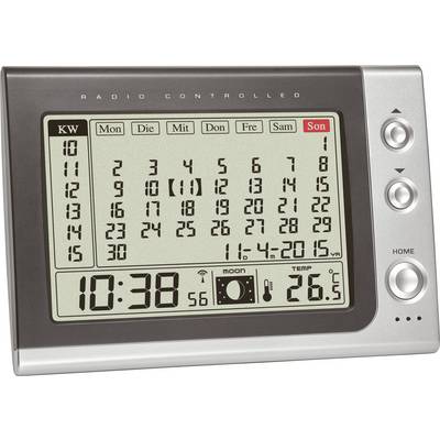 Elektronische kalender toont maand april 2015 met zondag rood gemarkeerd. Tijdstip 10:38, maanfase en temperatuur 26,5°C.