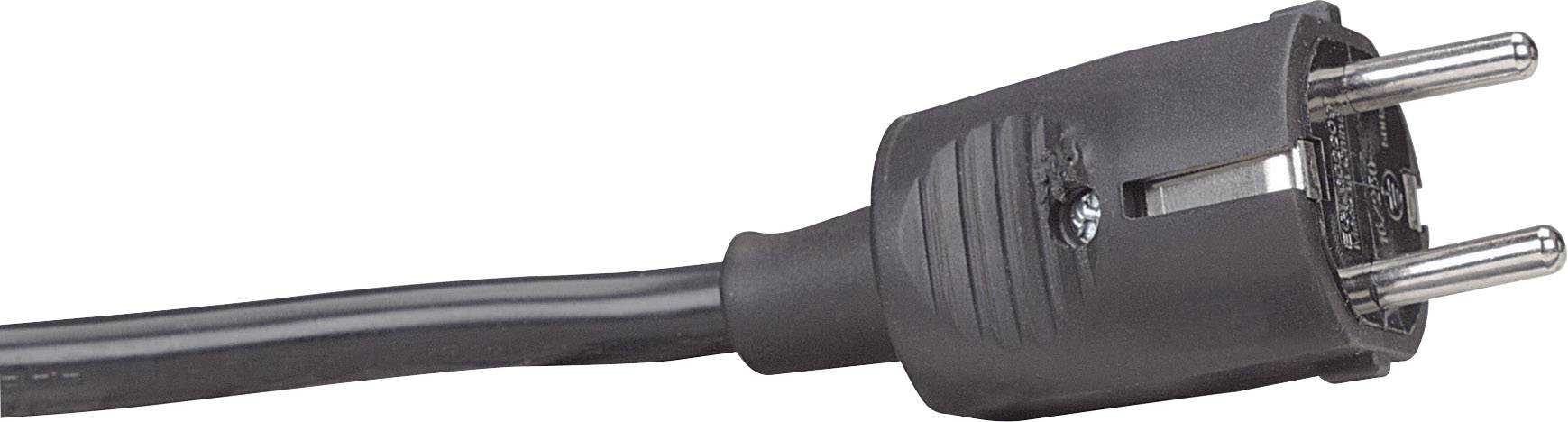 Een zwarte Europlug met twee metalen pinnen en een kabel die zich naar links uitstrekt.