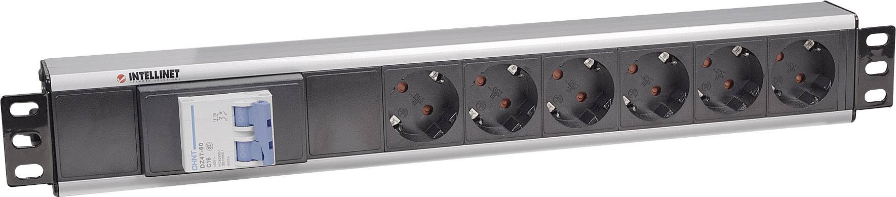Stekkerdoos met zes Schuko-stopcontacten en een aan/uit-schakelaar, gemonteerd op een rechthoekige metalen rail, geschikt voor bevestiging.