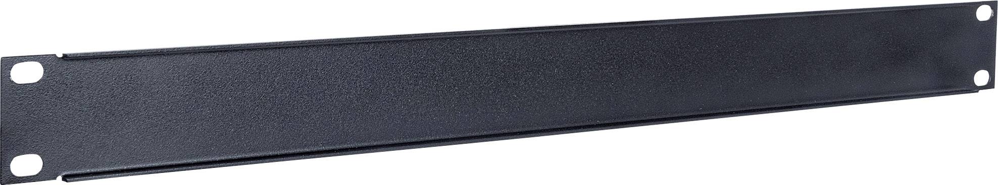 Zwarte, rechthoekige rack-blindplaat met vier bevestigingsgaten, bedoeld voor het afdekken van lege ruimtes in een server- of audiorek.