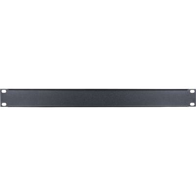 Zwart metalen bord met vier gaten in de hoeken, mogelijk onderdeel van een technisch apparaat of constructie.
