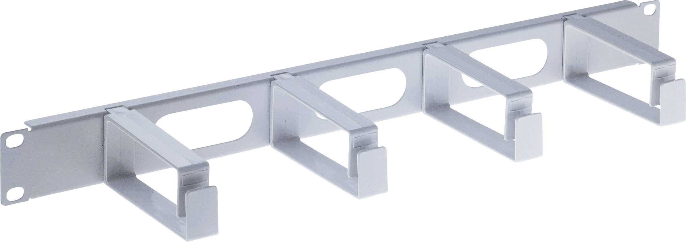 Metalen kabelbeheersbeugel met vier haken voor het organiseren van kabels, monteerbaar in een 19-inch-rekkasten.