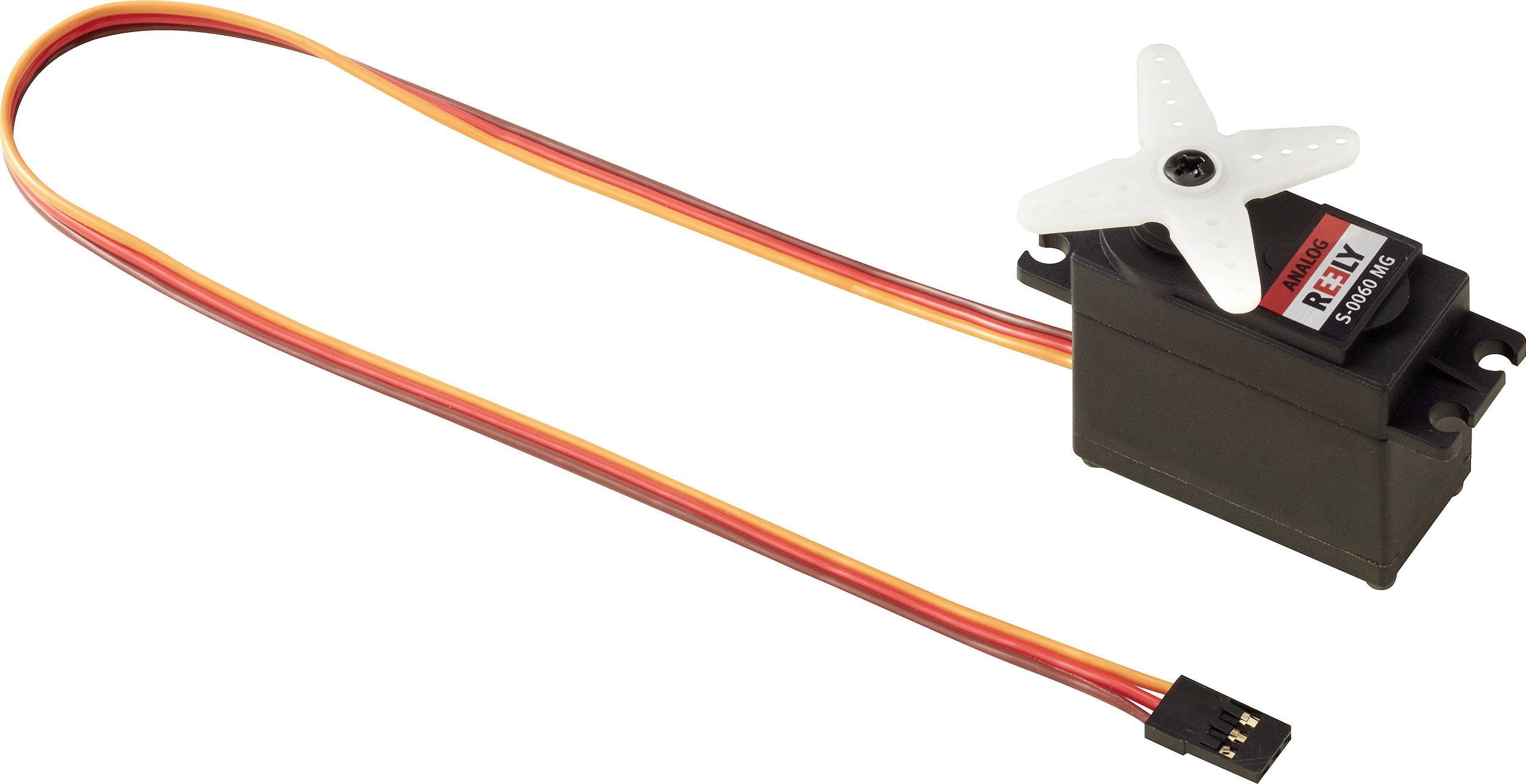 Een kleine, zwarte servomotor met een wit kunststof kruisarm, verbonden met een meerkleurige kabel en stekker.