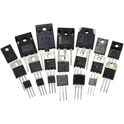 Verschillende halfgeleidercomponenten, waaronder transistoren en MOSFETs, op een rij gezet. Ze variëren in grootte en vorm.