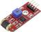 Een rood elektronisch module met een blauwe potentiometer, meerdere aansluitingen en een zwarte IC op een printplaat.