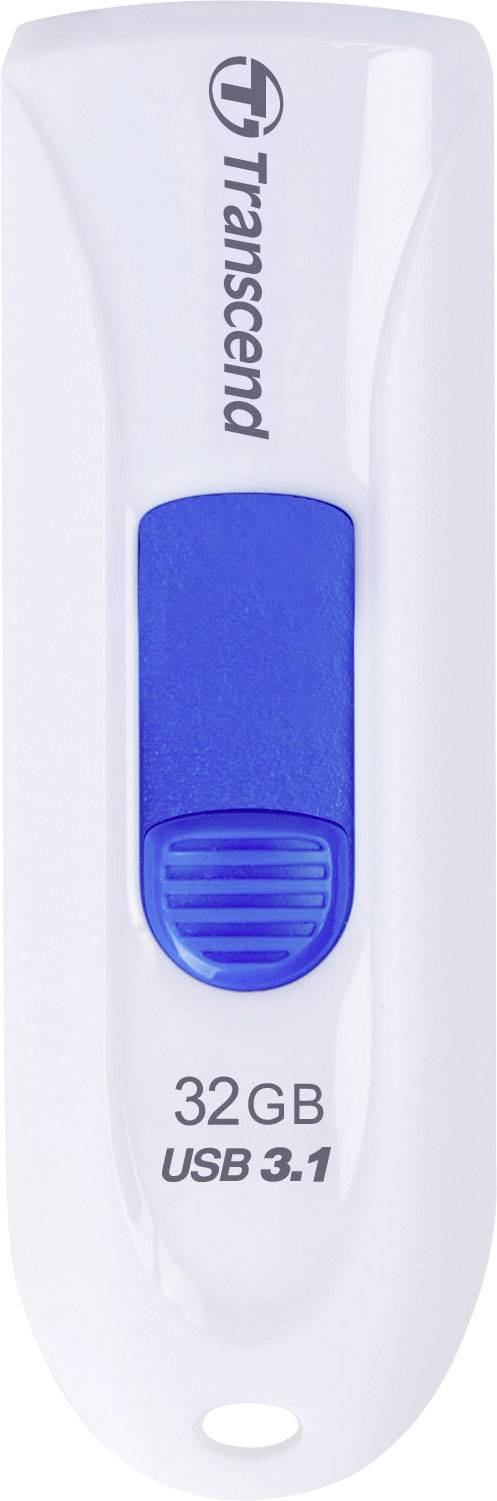 Een witte USB-stick van Transcend met een blauwe schuifmechaniek, capaciteit 32GB, USB 3.1.