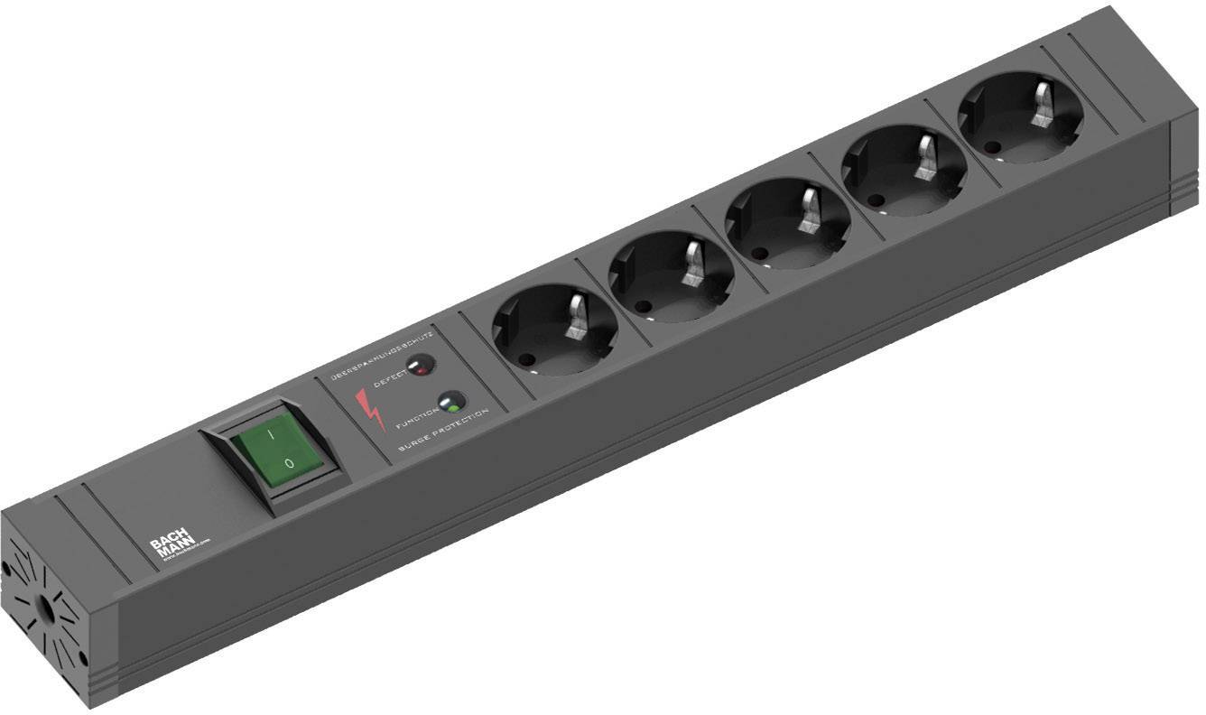 Zwarte stekkerdoos met vijf stopcontacten, aan-/uitschakelaar en overspanningsbeveiligingsindicator.