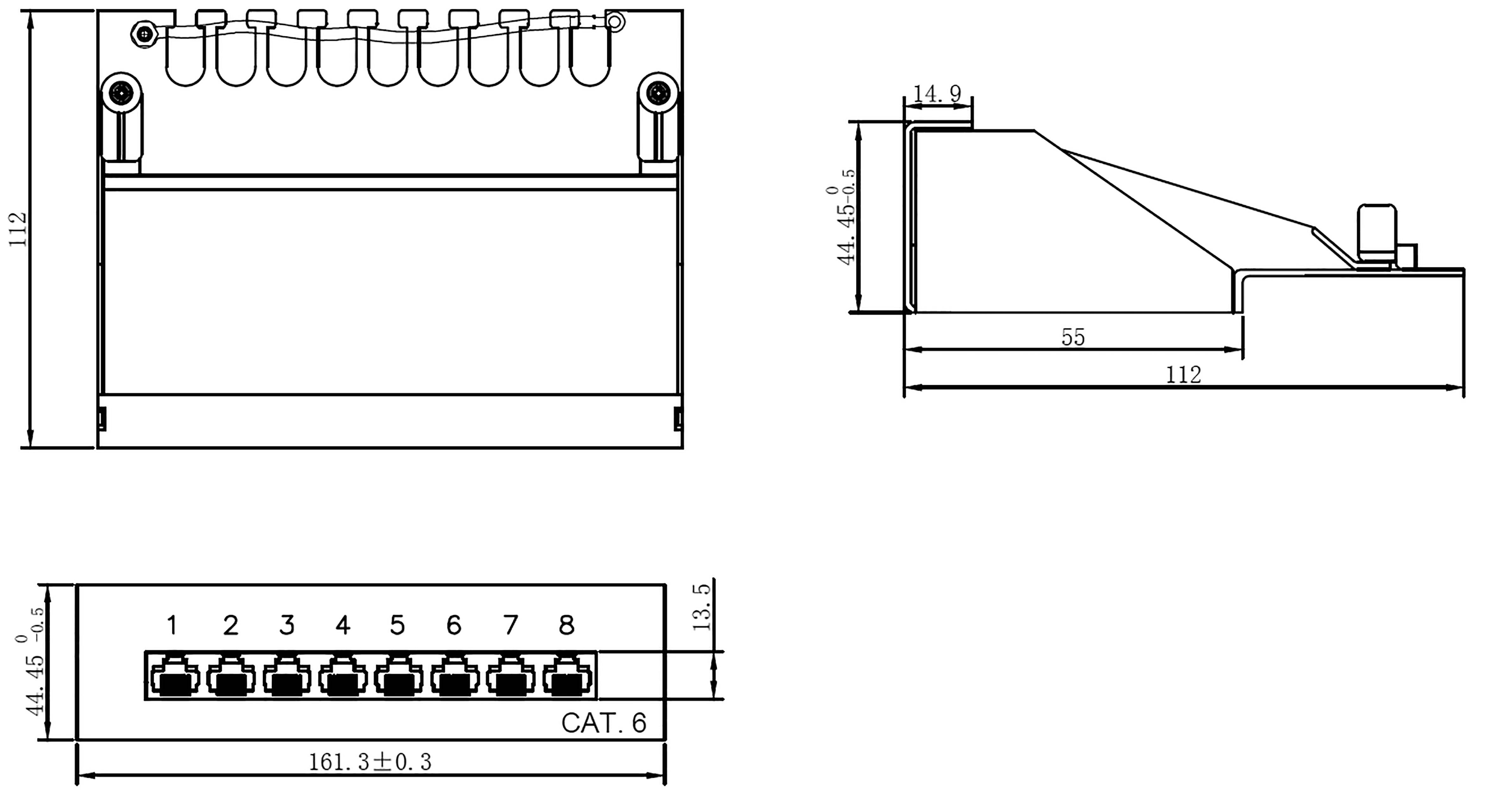 Tekening van een CAT.6-netwerkaansluiting. Boven: Bovenaanzicht met acht aansluitpunten. Onder: Vooraanzicht met genummerde poorten. Afmetingen: 161,3 mm lengte, 112 mm breedte, 46 mm hoogte.