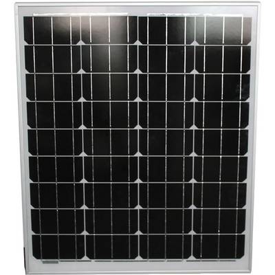 Een rechthoekig zonnepaneel met een configuratie van donkerblauwe fotovoltaïsche cellen in een zilveren frame.