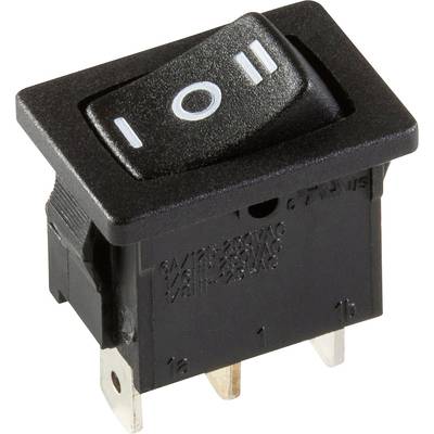 Een zwarte wip-schakelaar met aan-uit-symbolen, geschikt voor elektronische apparaten, toont zijn driepunts aansluiting en vermogensspecificaties.