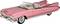 Roze klassieke cabriolet met opvallende staartvinnen, vermoedelijk uit de jaren vijftig of zestig, tegen een witte achtergrond.