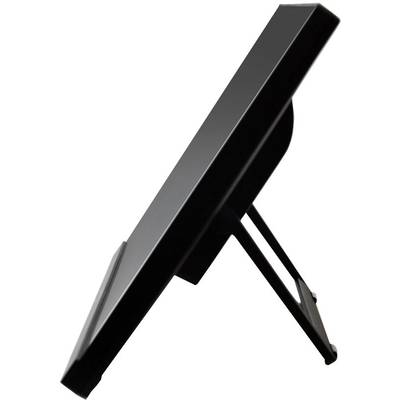 Zijaanzicht van een zwarte monitor op een verstelbare standaard, licht achterover gekanteld.