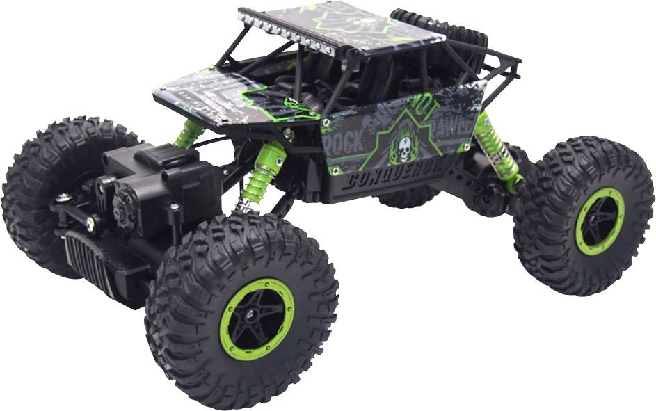 Een afstandsbediend off-road speelgoedauto met grote, robuuste banden, een zwart chassis en neon-groene accenten.