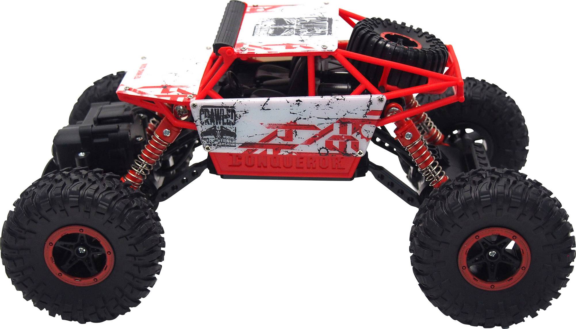 Een afstandsbestuurbare terreinwagen met grote banden en een rood frame, ontworpen voor offroad rijden.