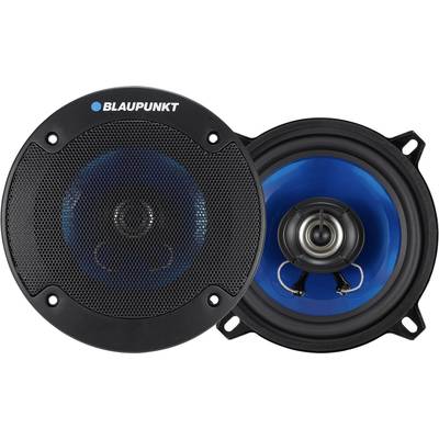 Zwart-blauwe Blaupunkt-speakers, één met beschermrooster, de andere zonder. Ze tonen technisch design en audio-uitrusting.