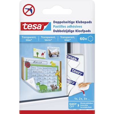 Verpakking van dubbelzijdige kleefpads van het merk 'tesa', 60 stuks. Een gebruiksvoorbeeld wordt getoond op een lesrooster.