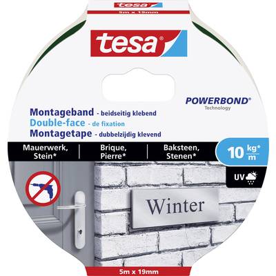 Montageband van Tesa met 'Powerbond'-technologie. 10 kg/m draagkracht, dubbelzijdig klevend. Geschikt voor metselwerk, steen. 5 m x 19 mm.