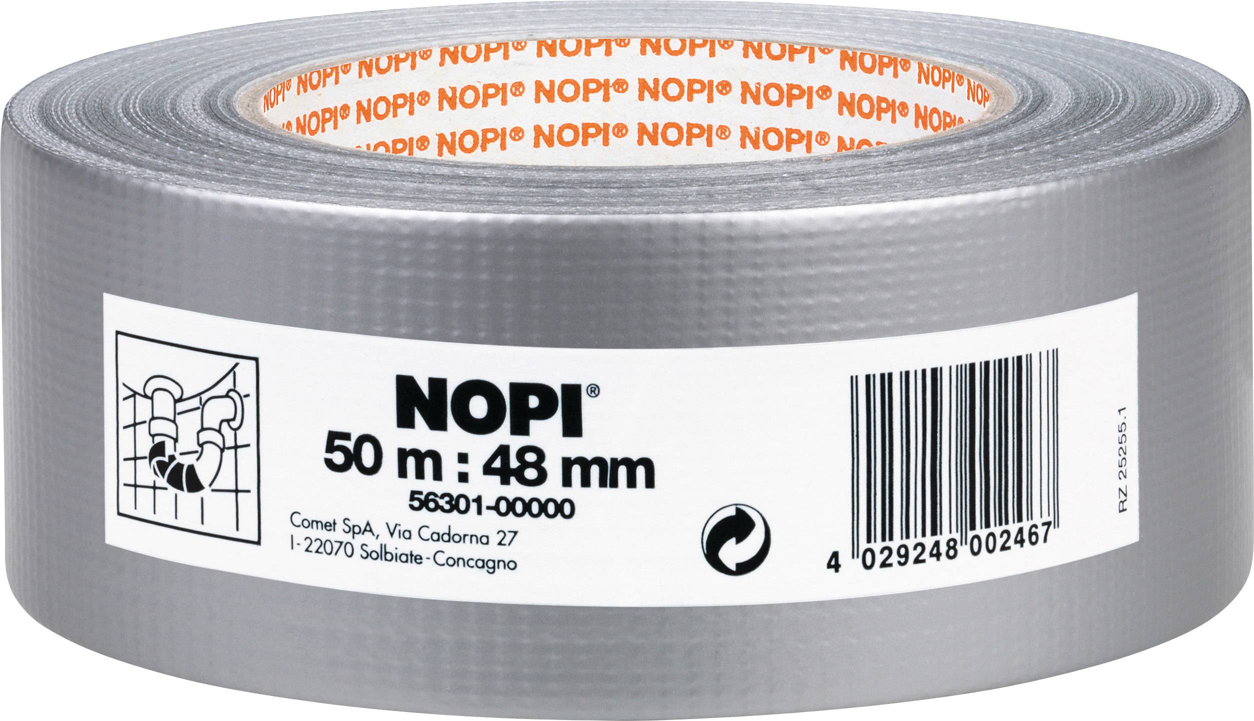 Grijs plakband van het merk 'NOPI', 50 m lang en 48 mm breed, op een rol. Het etiket toont de streepjescode en fabrikantinformatie.