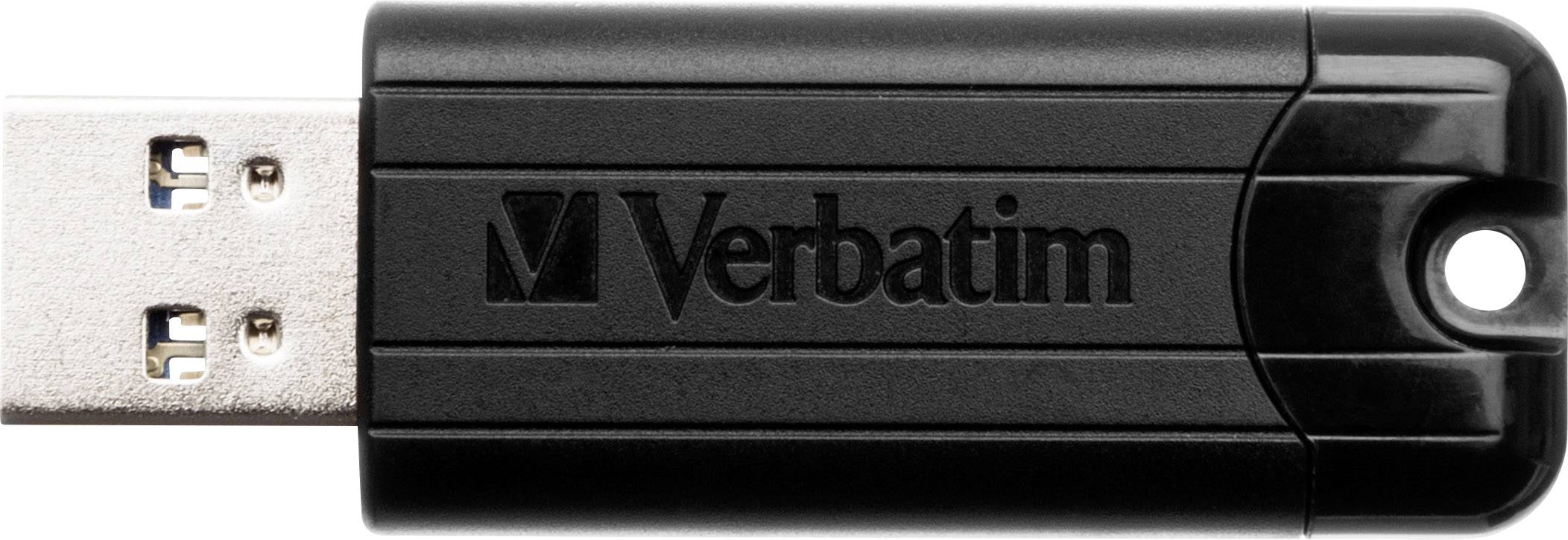 Zwarte USB-stick met het opschrift 'Verbatim' op het oppervlak.