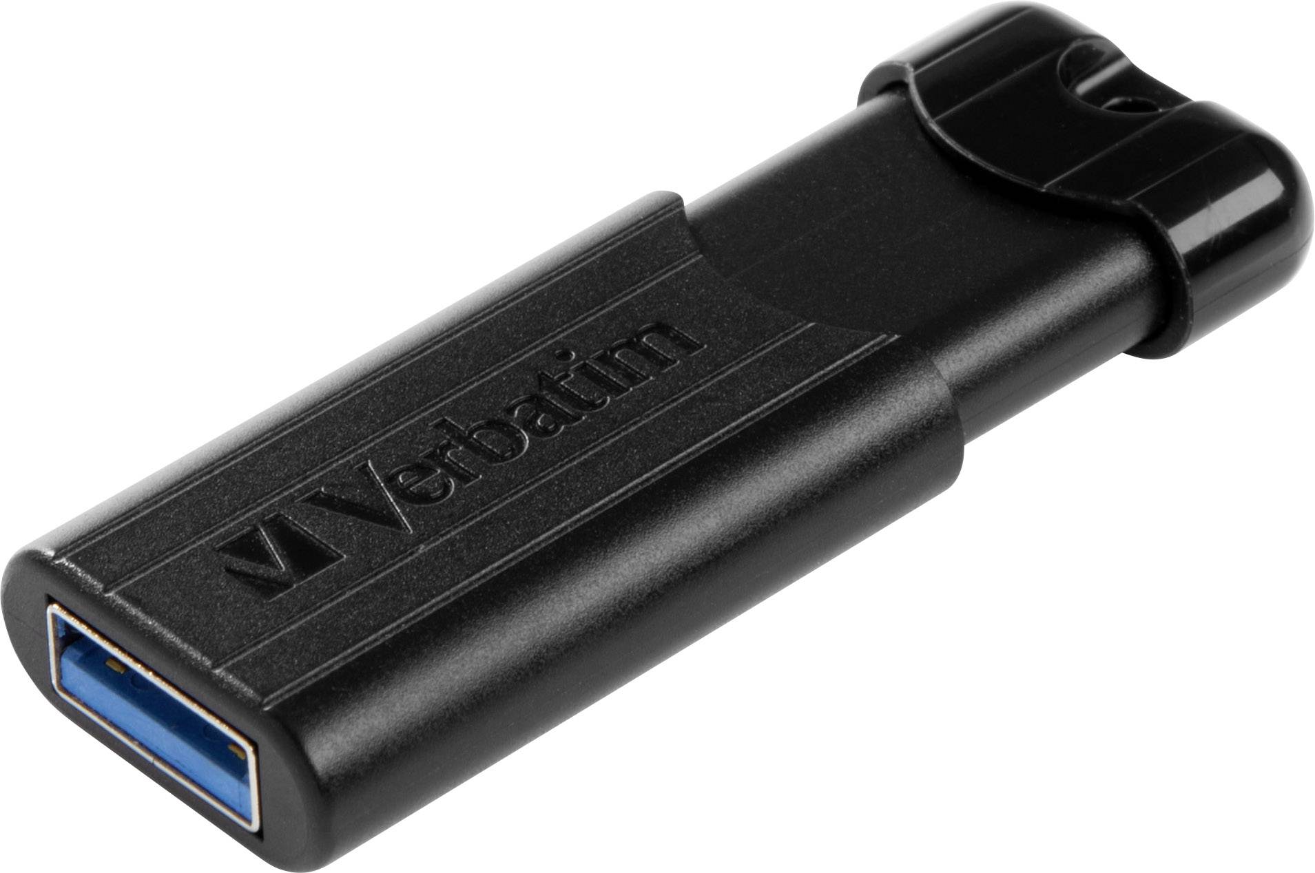 Een zwarte USB-stick met een afneembare dop, voorzien van het opschrift 'Verbatim'.