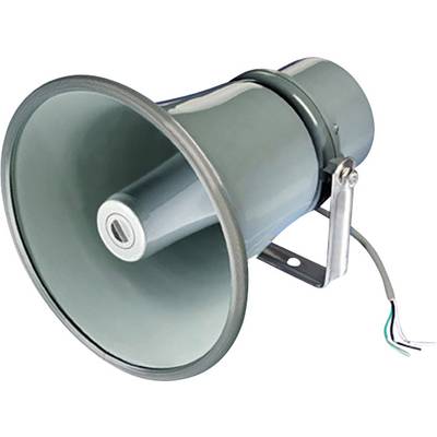 Grijze megafoon met kabel, gebruikt voor geluidsversterking in grote gebieden.